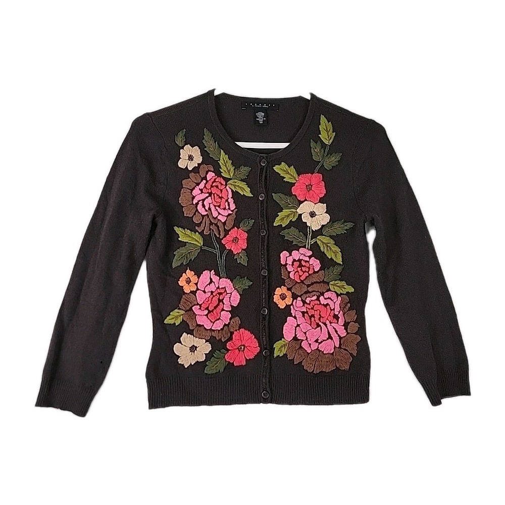 LAUNDRY SHELLI SEGAL VINTAGE FLORAL EMBROIDERED CASHMERE CARDIGAN SWEATER XS
